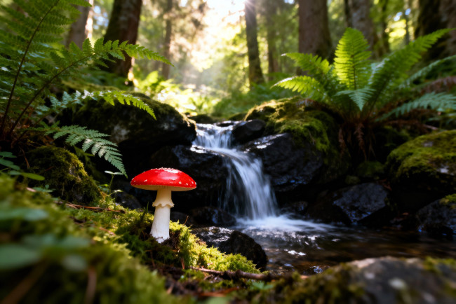 Обои картинки фото 3д графика, природа , nature, лес, деревья, папоротник, камни, ручей, гриб, мухомор
