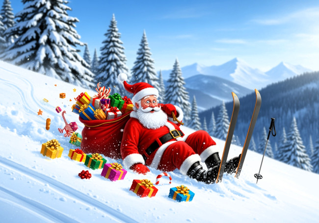 Обои картинки фото праздничные, дед мороз,  санта клаус, санта, клаус, лыжи, снег, подарки, мешок