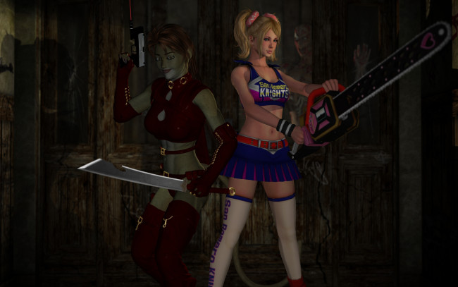 Обои картинки фото 3д графика, fantasy , фантазия, девушка, кошка, меч, бензопила