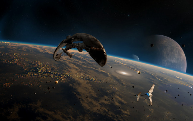Обои картинки фото фэнтези, космические корабли,  звездолеты,  станции, спутники, корабли, космические, планета, астероиды