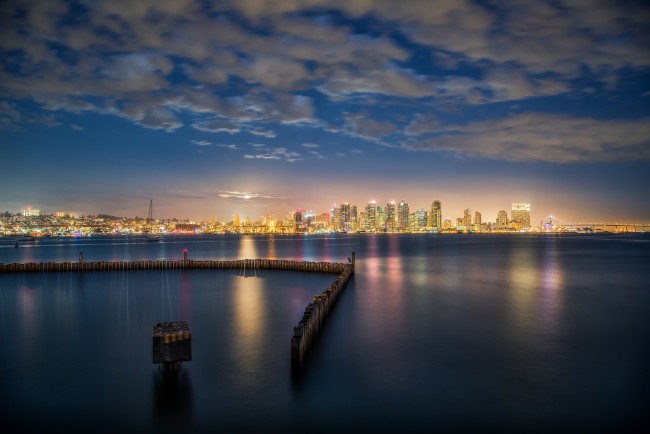 Обои картинки фото города, сан-диего , сша, америка, вода, здания, огни, панорама, дома