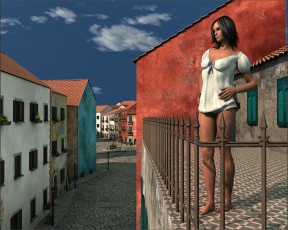 Картинка 3д+графика люди+ people девушка взгляд фон улица балкон небо