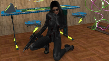 обоя 3д графика, фантазия , fantasy, девушка, взгляд, фон, оружие