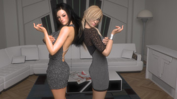 Картинка 3д+графика люди+ people девушки взгляд фон стол диван подушки светильник