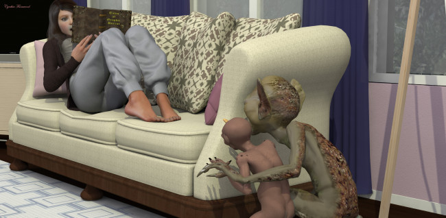 Обои картинки фото 3д графика, фантазия , fantasy, фон, взгляд, девушка, орки, диван, книга