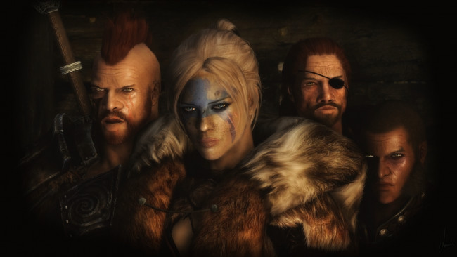 Обои картинки фото 3д графика, фантазия , fantasy, девушка, взгляд, фон, оружие, мужчины