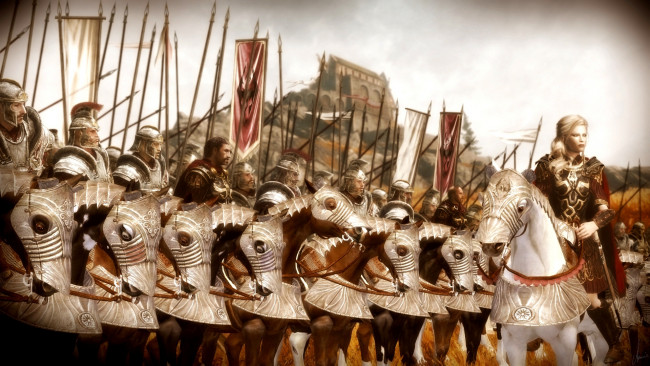 Обои картинки фото 3д графика, фантазия , fantasy, девушка, взгляд, фон, лошадь, солдаты