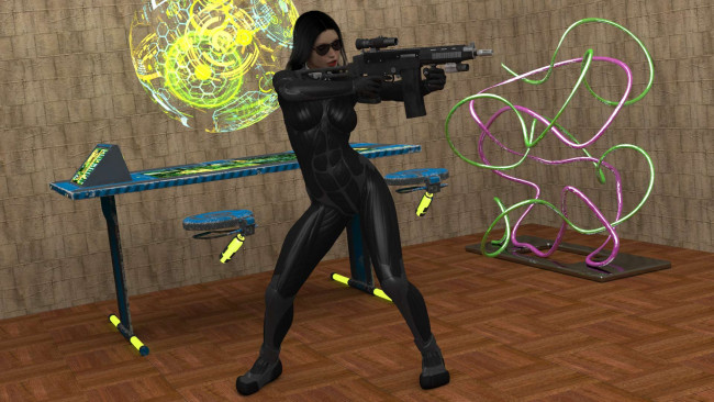 Обои картинки фото 3д графика, фантазия , fantasy, девушка, взгляд, фон, оружие