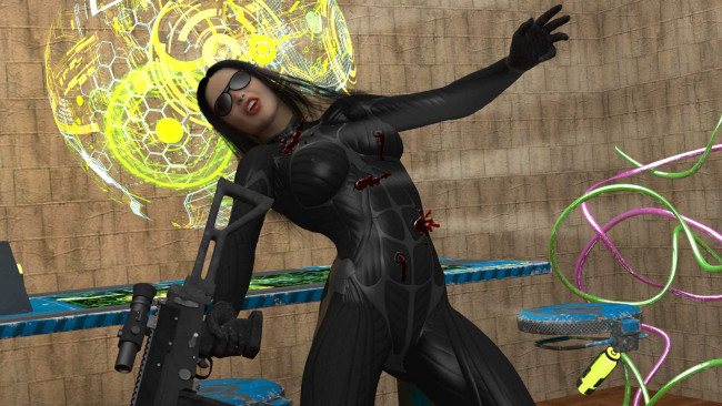 Обои картинки фото 3д графика, фантазия , fantasy, девушка, взгляд, фон, оружие