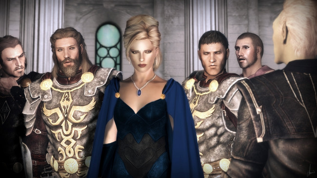 Обои картинки фото 3д графика, фантазия , fantasy, мужчины, фон, взгляд, блондинка, девушка