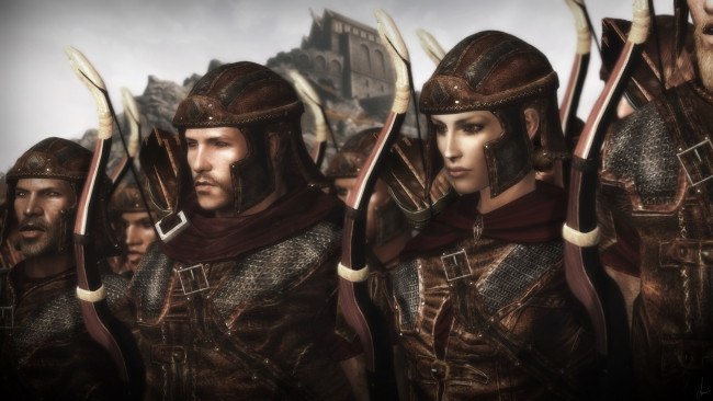 Обои картинки фото 3д графика, фантазия , fantasy, солдаты, оружия, фон, взгляд, девушка