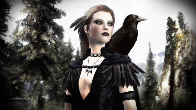 Обои картинки фото 3д графика, фантазия , fantasy, ворона, фон, взгляд, девушка
