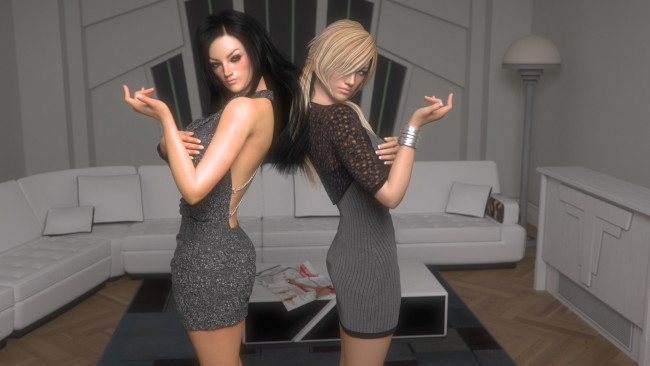 Обои картинки фото 3д графика, люди , people, девушки, взгляд, фон, стол, диван, подушки, светильник