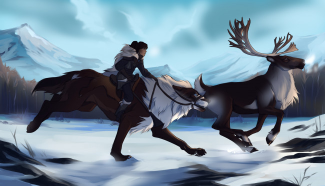Обои картинки фото рисованное, - другое, охотник, олень, собака
