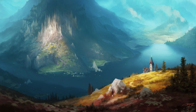 Обои картинки фото фэнтези, иные миры,  иные времена, живопись, красота, озеро, пейзаж, арт