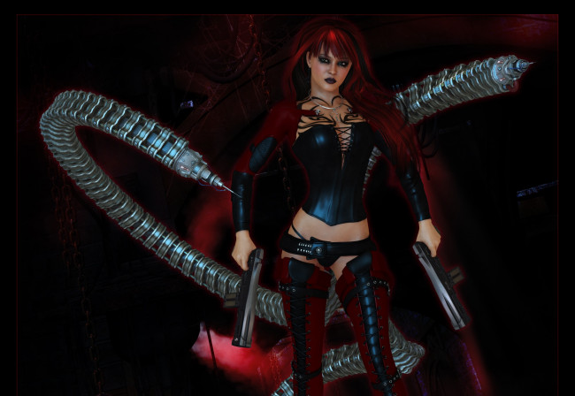 Обои картинки фото 3д графика, фантазия , fantasy, фон, девушка, взгляд, оружие