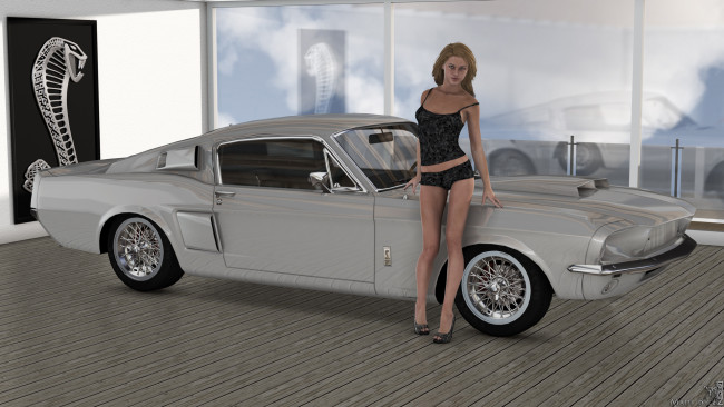 Обои картинки фото автомобили, 3d car&girl, автомобиль, фон, взгляд, девушка