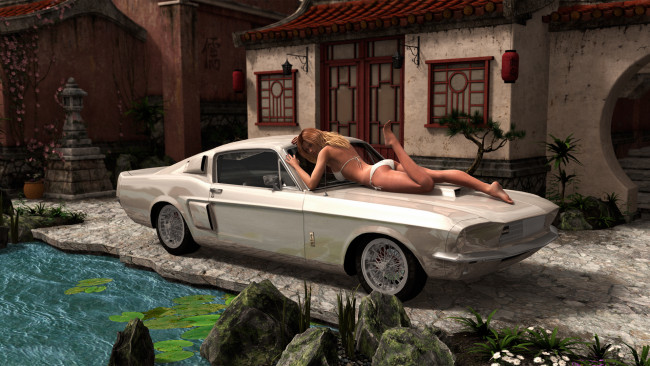 Обои картинки фото автомобили, 3d car&girl, девушка, автомобиль, фон, взгляд