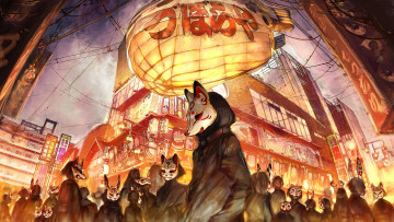 Картинка аниме город +улицы +здания люди маски