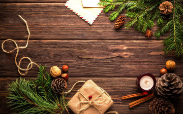 Картинка праздничные -+разное+ новый+год конверт стол веревка орехи свеча подарок шишки ёлки письмо