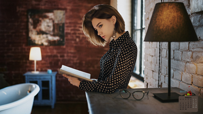 Обои картинки фото календари, девушки, 2018, лампа, очки, профиль, взгляд, девушка