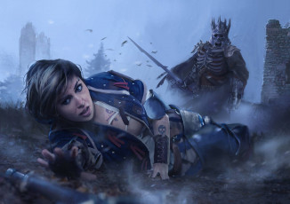 Картинка видео+игры the+witcher+3 +wild+hunt бой скелет фон девушка
