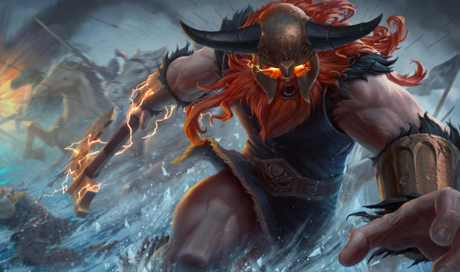 Обои картинки фото видео игры, league of legends, борода, топор, шлем, фон, мужчина