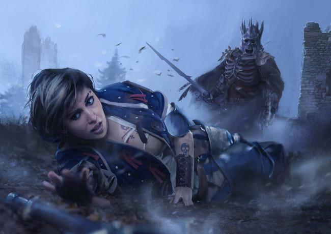 Обои картинки фото видео игры, the witcher 3,  wild hunt, бой, скелет, фон, девушка