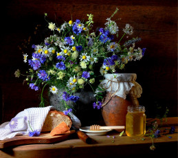 Картинка еда мёд +варенье +повидло +джем васильки ромашки букет мед хлеб