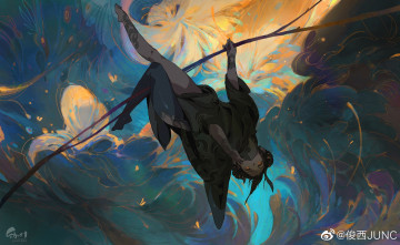 Картинка аниме магия +колдовство +halloween девушка ветка