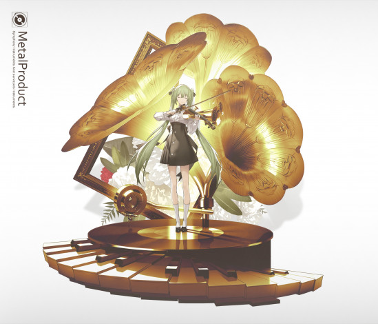 Обои картинки фото аниме, музыка, девочка, скрипка, граммофон, клавиши