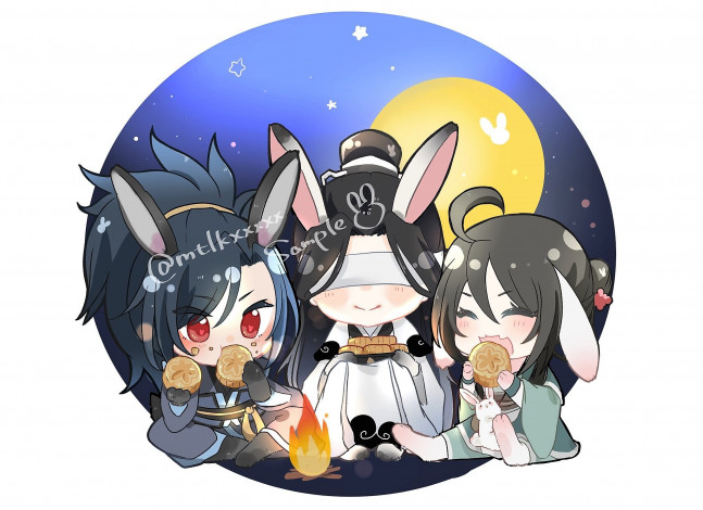 Обои картинки фото аниме, mo dao zu shi, сюэ, ян, сяо, синчень, а-цин, печенье, уши