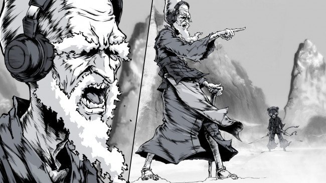 Обои картинки фото аниме, afro samurai, дед, наушники, танец