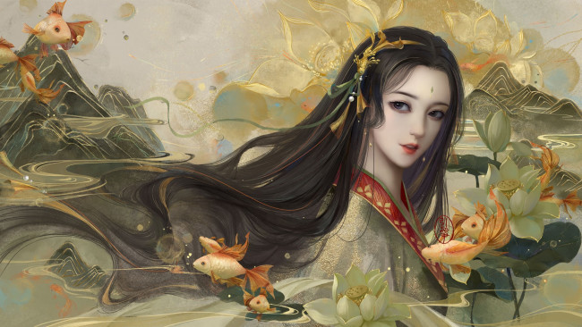 Обои картинки фото рисованное, люди, девушка, лицо, рыбы, лотосы
