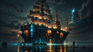 обоя фэнтези, корабли, нейросети, графика, нейроарт, ai, art, нейронные, сети, рисунки, нейро, искусство