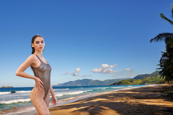 обоя девушки, - брюнетки,  шатенки, море, брюнетка, купальник