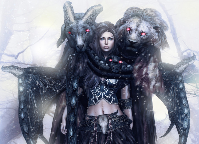 Обои картинки фото 3д, графика, fantasy, фантазия, охотница, животные, девушка