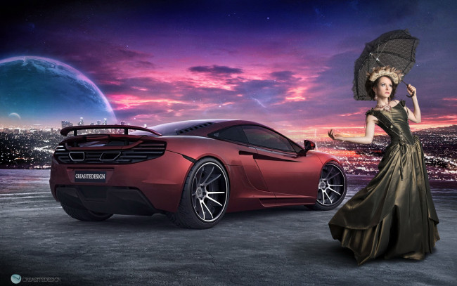 Обои картинки фото автомобили, авто, девушками, планета, автомобиль, город, вечер, зонтик, девушка