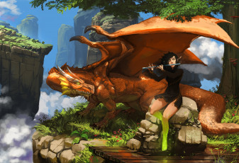 Картинка фэнтези красавицы+и+чудовища флейта игра скалы эльф дракон