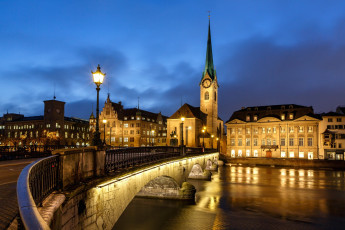 Картинка города цюрих+ швейцария свет фонари мост ночь здания дома освещение церковь fraumunster zurich switzerland limmat+river фраумюнстер река+лиммат набережная