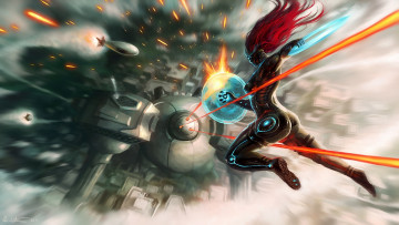 Картинка фэнтези роботы +киборги +механизмы киборг сражение щит