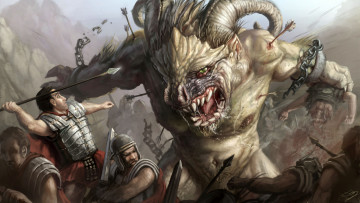 Картинка фэнтези существа оковы воины монстр сражение люди цепи