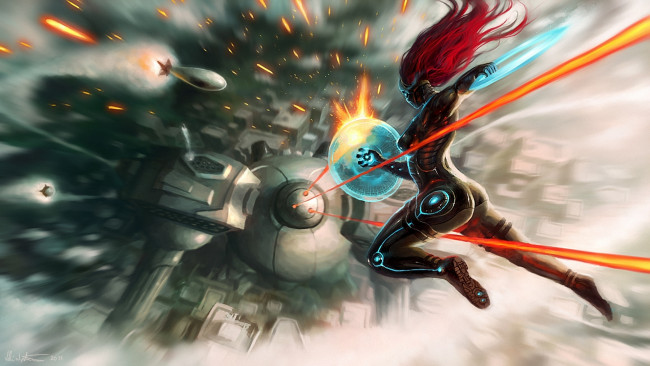 Обои картинки фото фэнтези, роботы,  киборги,  механизмы, киборг, сражение, щит