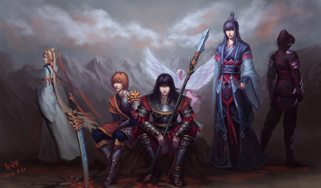 Обои картинки фото фэнтези, люди, мужчины, воины, девушки, ангел, горы