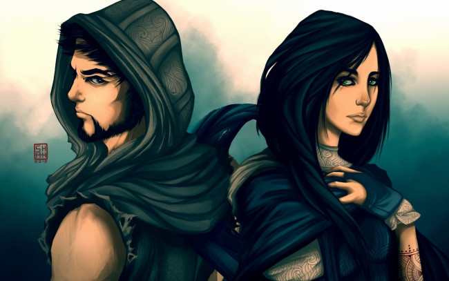 Обои картинки фото фэнтези, люди, парень, девушка, капюшон, взгляд