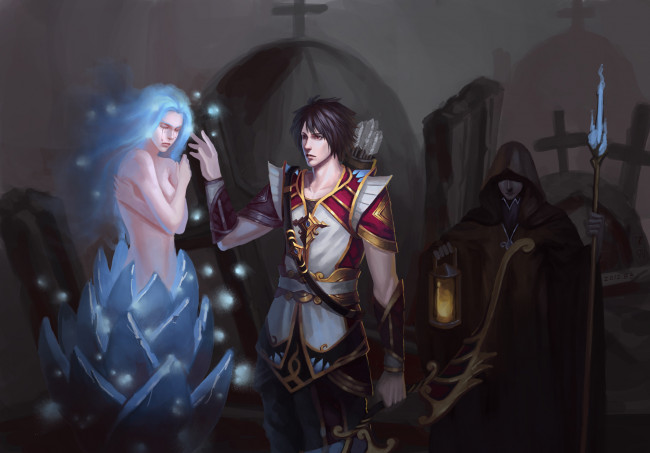 Обои картинки фото фэнтези, люди, воин, лучник, лук, жрец, лампа, посох, девушка