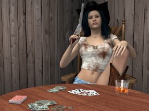 Картинка 3д+графика люди+ people стол оружие фон взгляд девушка вино карты