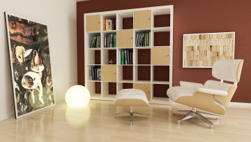 Картинка 3д+графика реализм+ realism полки кресло книги