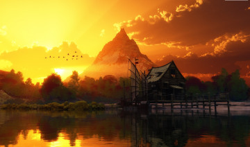 Картинка 3д+графика природа+ nature деревья облака парусник домик река птицы вершина закат