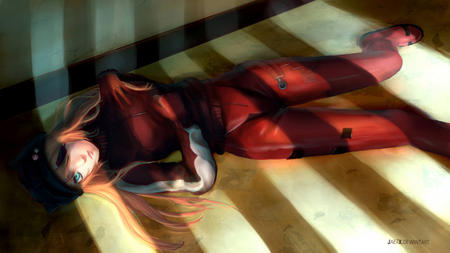 Обои картинки фото аниме, evangelion, jaezx, soryu, asuka, langley, девушка, повязка, шапка, костюм, значки, пол, свет